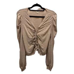 Peach Love California Tan Ruched Lace-Up Front Puff Sleeve Knit Top